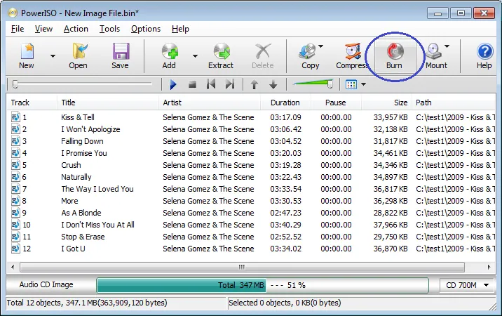 Create an Audio CD From Music Files — example PowerISO interface screenshot