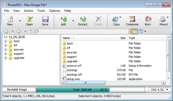 Create an ISO From Files and Folders — example PowerISO interface screenshot