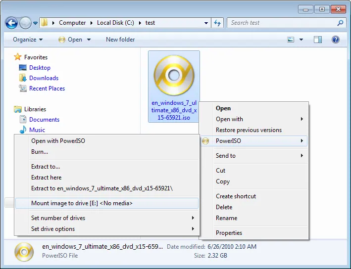 Mount an ISO as a Virtual Drive on Windows — example PowerISO interface screenshot